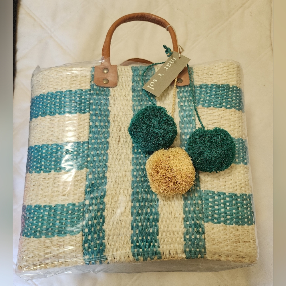Mar Y Sol Teal and Cream Striped Woven Tote Bag
